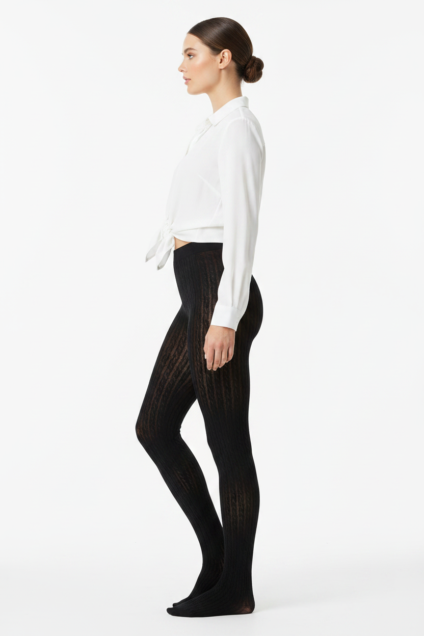 Cable Knit Tights with White Tied Blouse - Studio Shot