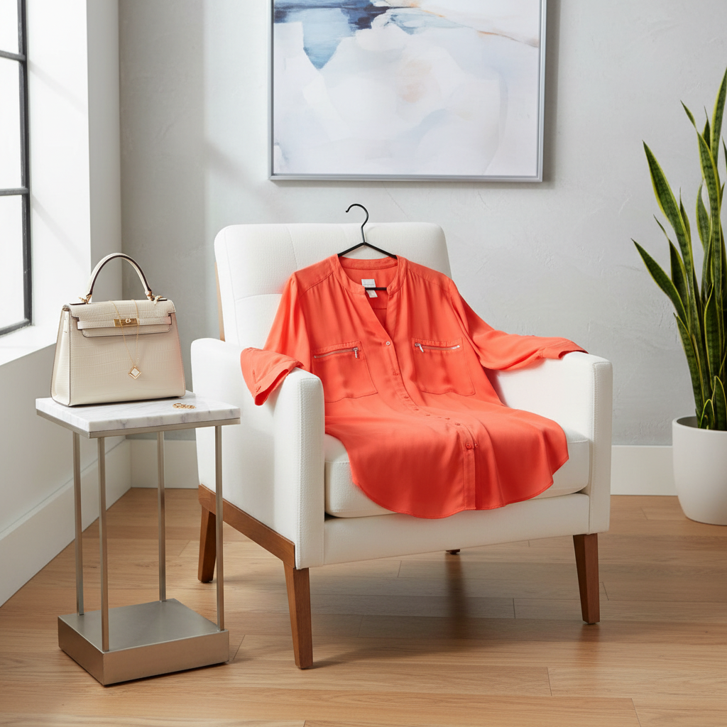 Clementine Orange v-neck Chico's blouse in elegant setting
