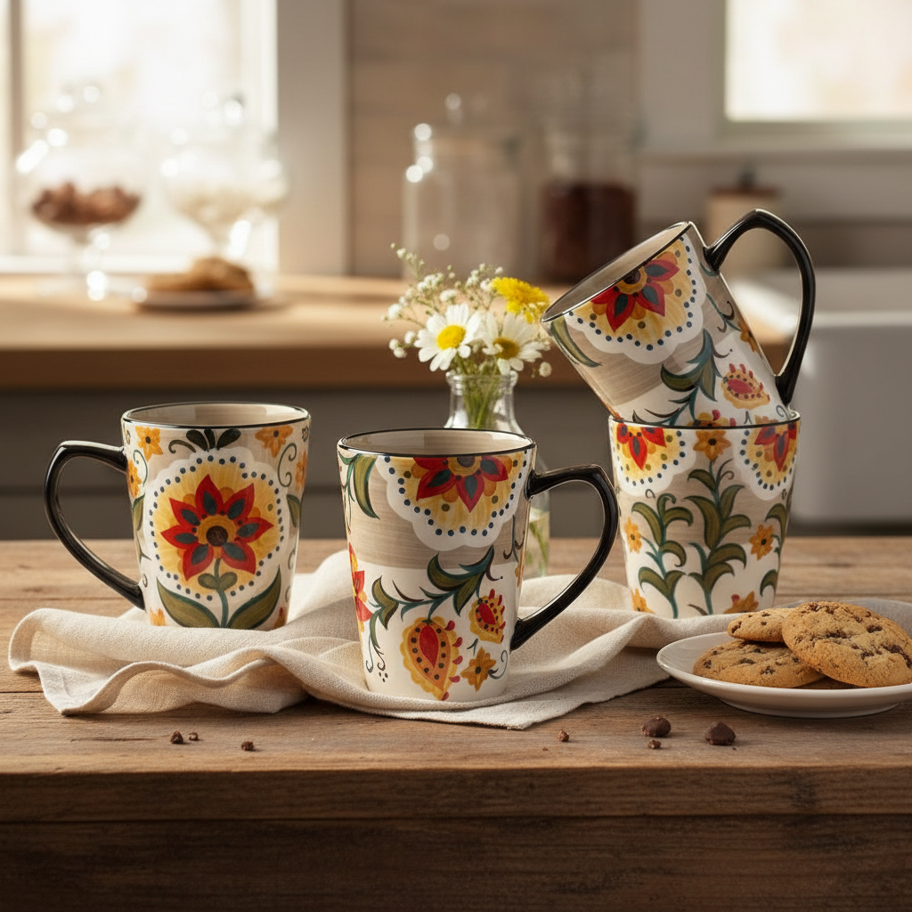 Colorful Floral Ceramic Mug Set of 4 in inviting setting