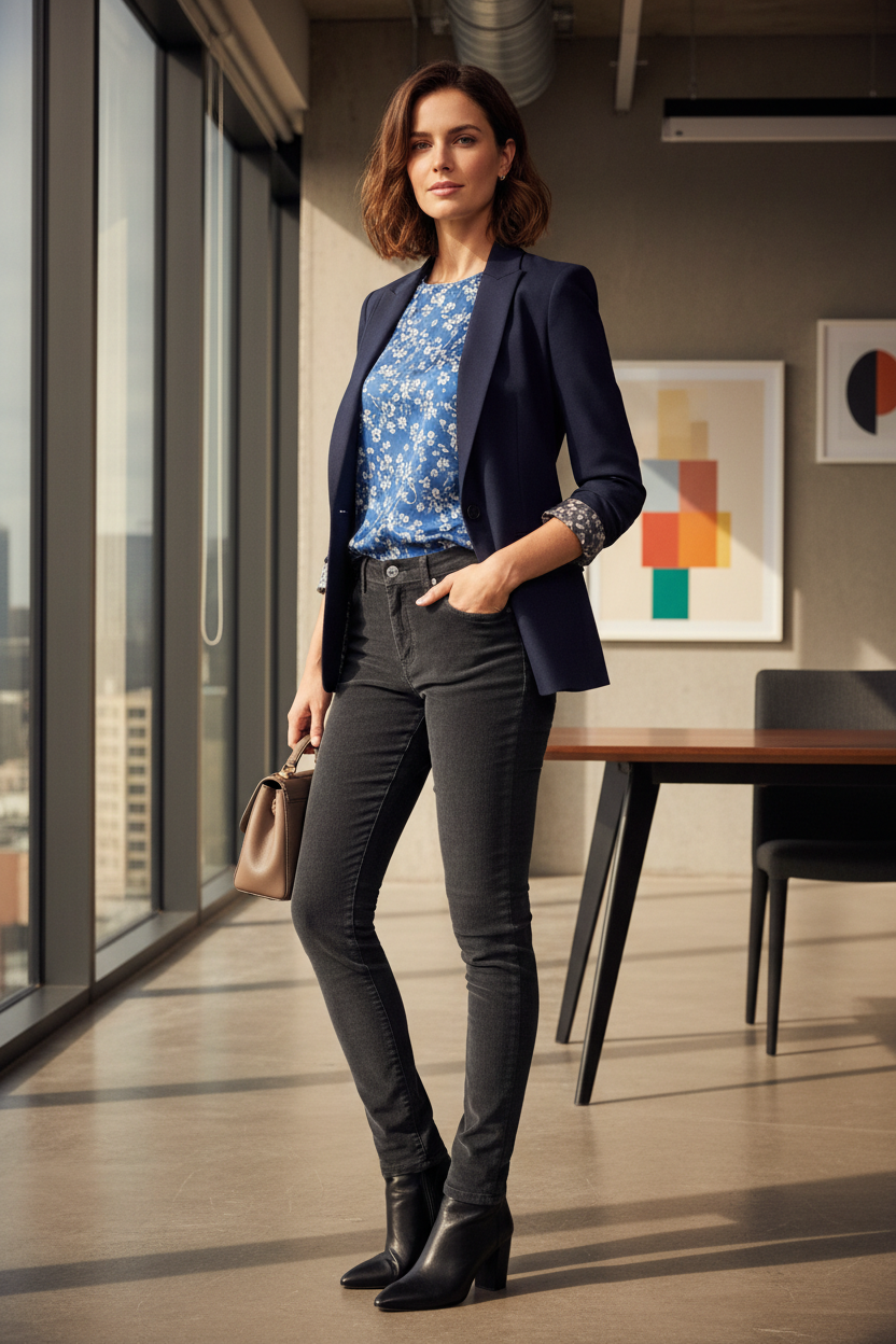Dark Gray Pants Blue Top Navy Blazer Work Lifestyle