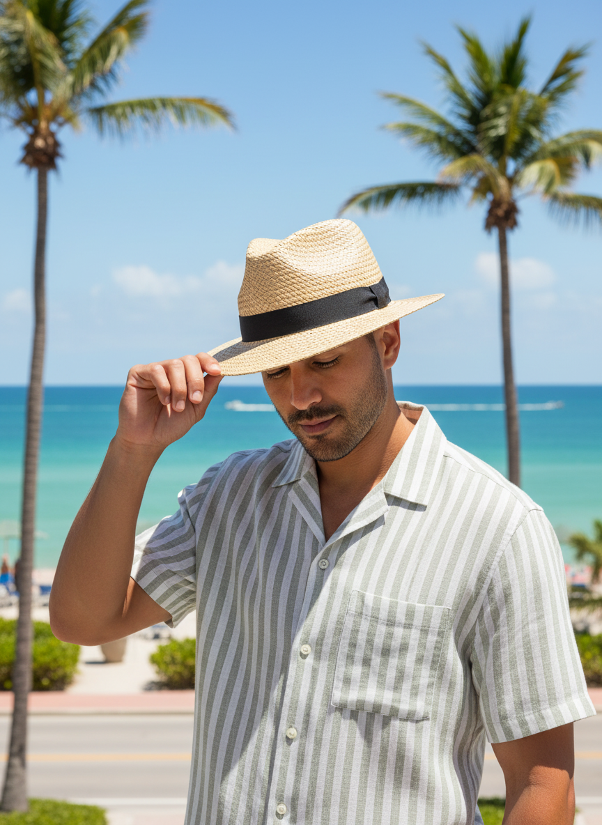 Latin man wearing green and white linen shirt Miami lifestyle
