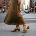 KAANAS Brown Croc-Embossed Mules with flowing skirt