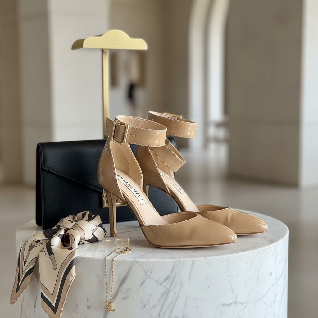 Karl Lagerfeld Beige Patent Heels in luxurious setting