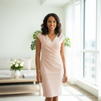 Lifestyle image of woman in pink faux wrap dress