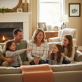 Lifestyle image of woman wearing Chico's windowpane top at home with family