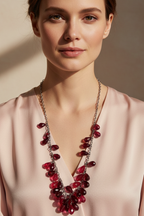 Magenta Beaded Necklace on Model - Pink Blouse