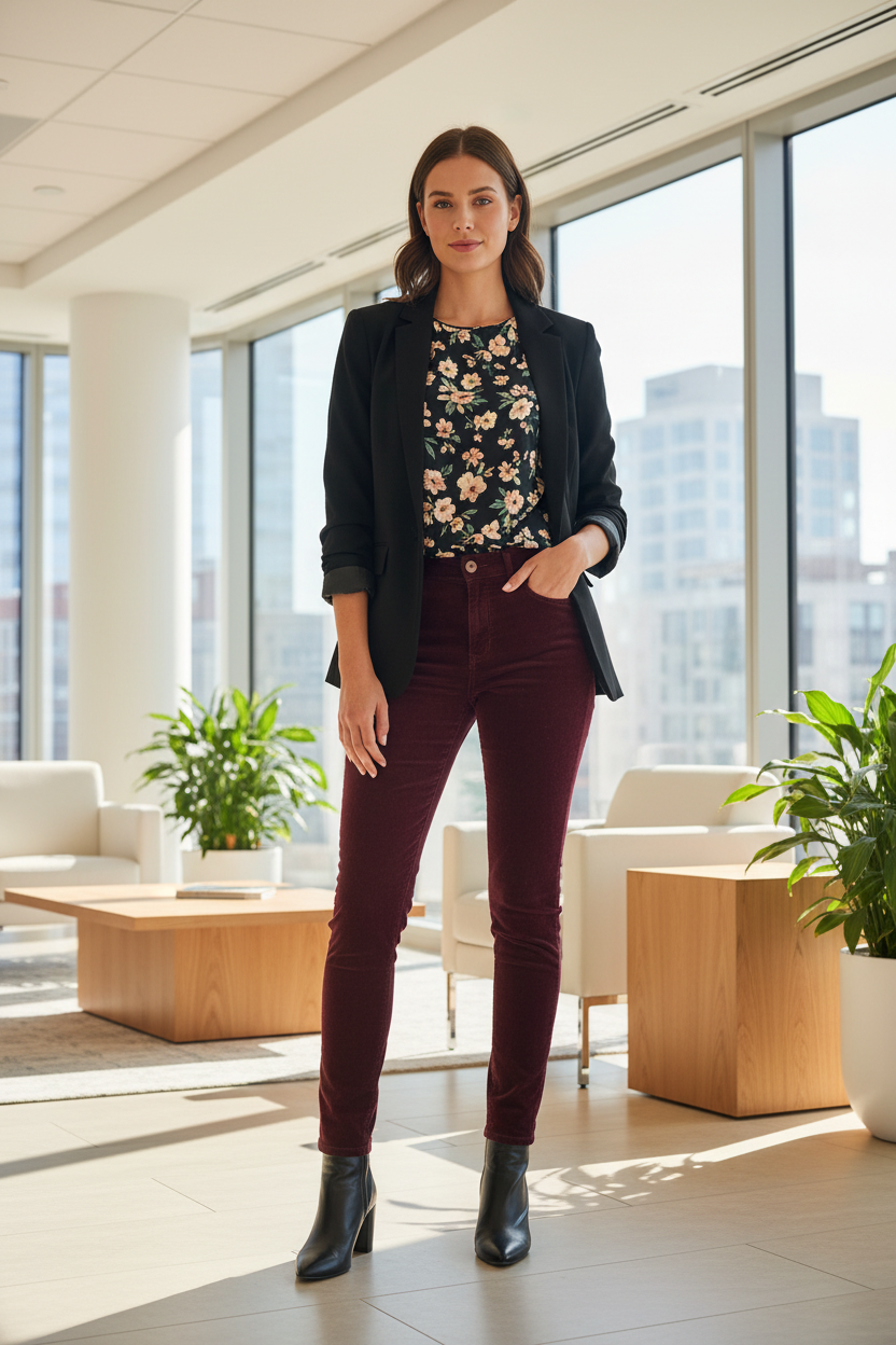 Merlot Corduroy Pants Work Setting Lifestyle