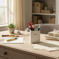 Rae Dunn White "Write" Ceramic Pencil Holder on a well-appointed desk