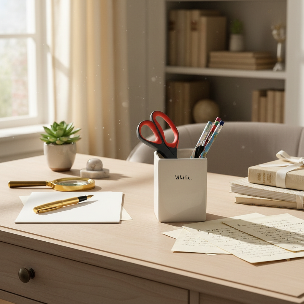 Rae Dunn White "Write" Ceramic Pencil Holder on a well-appointed desk