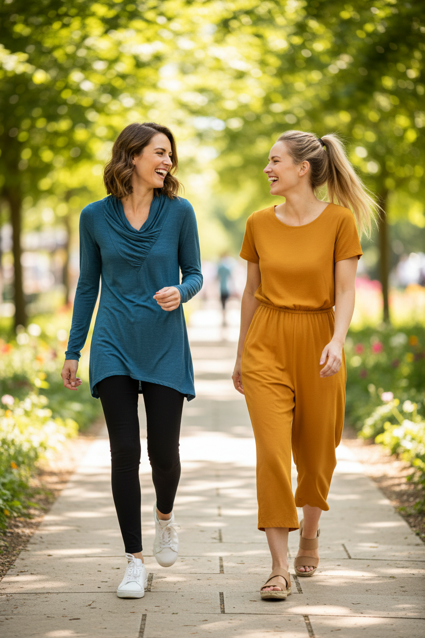 Turquoise Draped Tunic Walking With Friend
