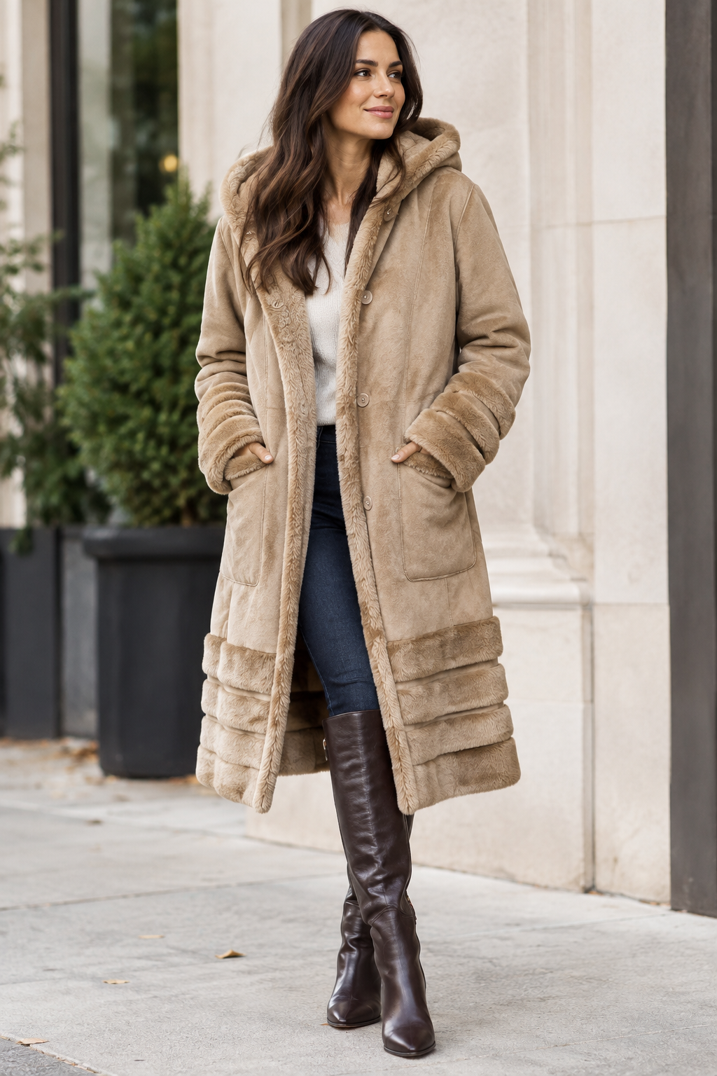 A woman wearing a long beige faux-shearling coat with a hood and front pockets, paired with a white top, dark blue jeans, and dark brown knee-high boots, standing on a city sidewalk.