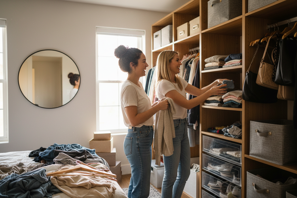 Two women cleaning out a closet together