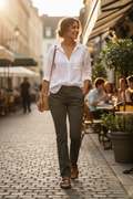 Woman in Khaki Skinny Pants with Casual Top and Birkenstocks