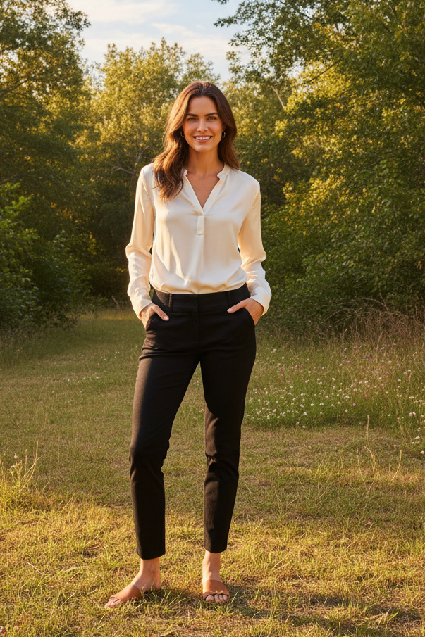 Woman in LOFT Black Ankle Pants in Sunny Outdoor Clearing