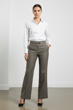 Woman in LOFT Greige Wide-Leg Trousers with White Button Down