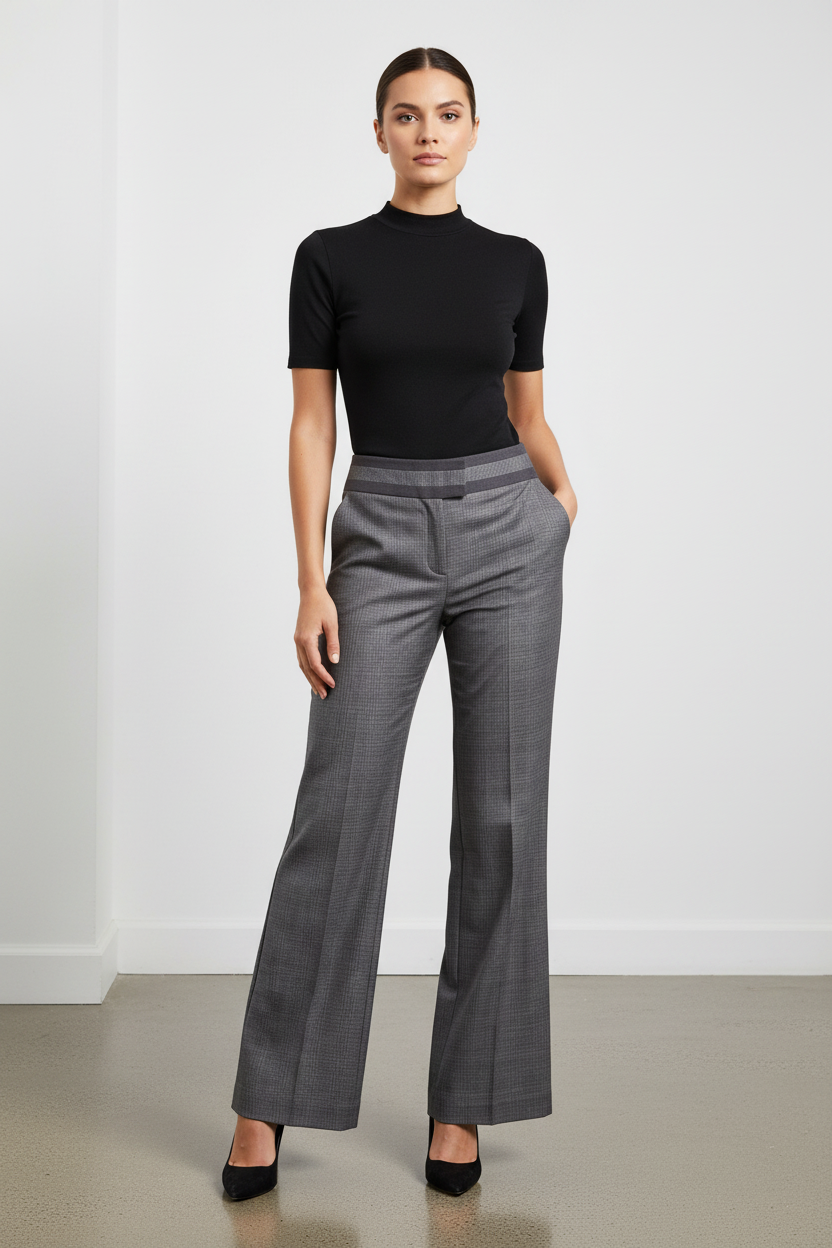 Woman in Plaid Wide-Leg Trousers with Black Mock Neck and Heels