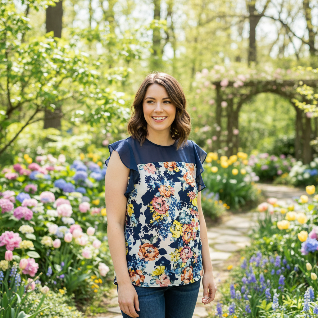 Woman wearing floral sheer yoke ruffle sleeve top in spring setting