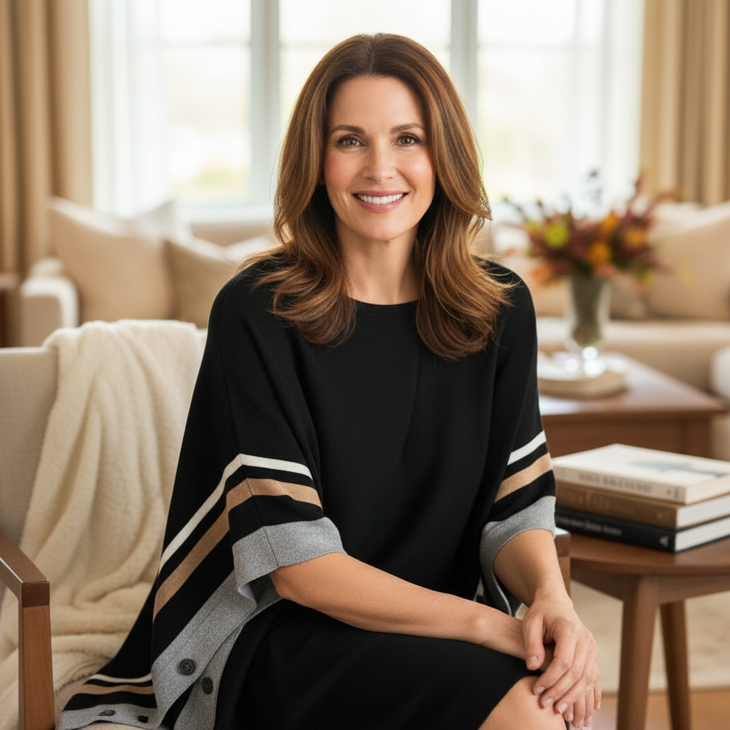 Woman wearing Talbots button-side poncho