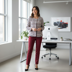 Woman wearing Zara jacket in office with red skirt
