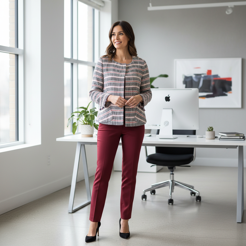 Woman wearing Zara jacket in office with red skirt