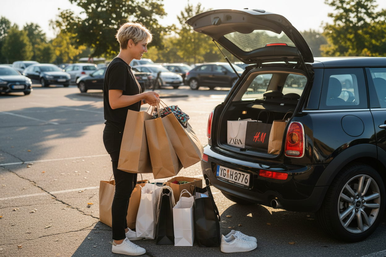 Woman loading clothing bags into black car for transportation