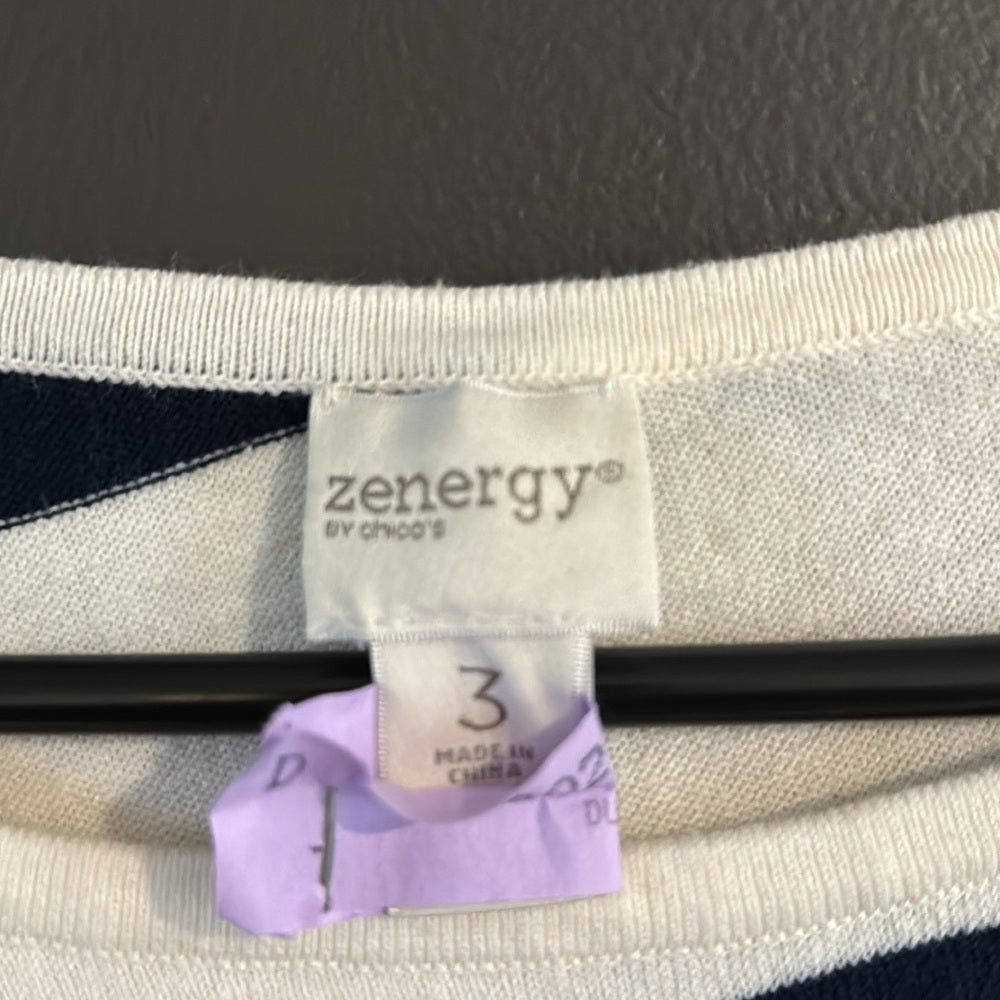 Flattering!  Zynergy by Chico's Navy and White Asymmetrical Sweater - Size 3