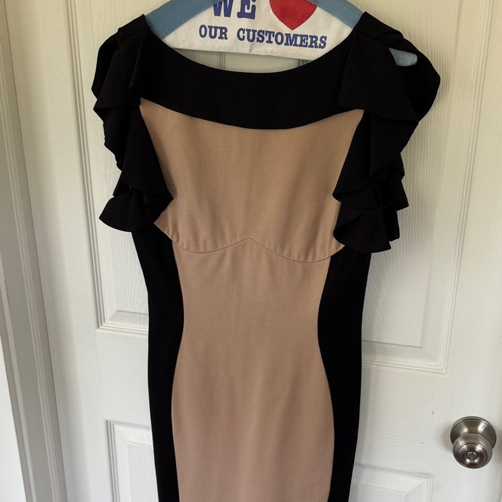 Elegant Black and Tan Ruffle Ted Baker Bodycon Dress - Sz 3