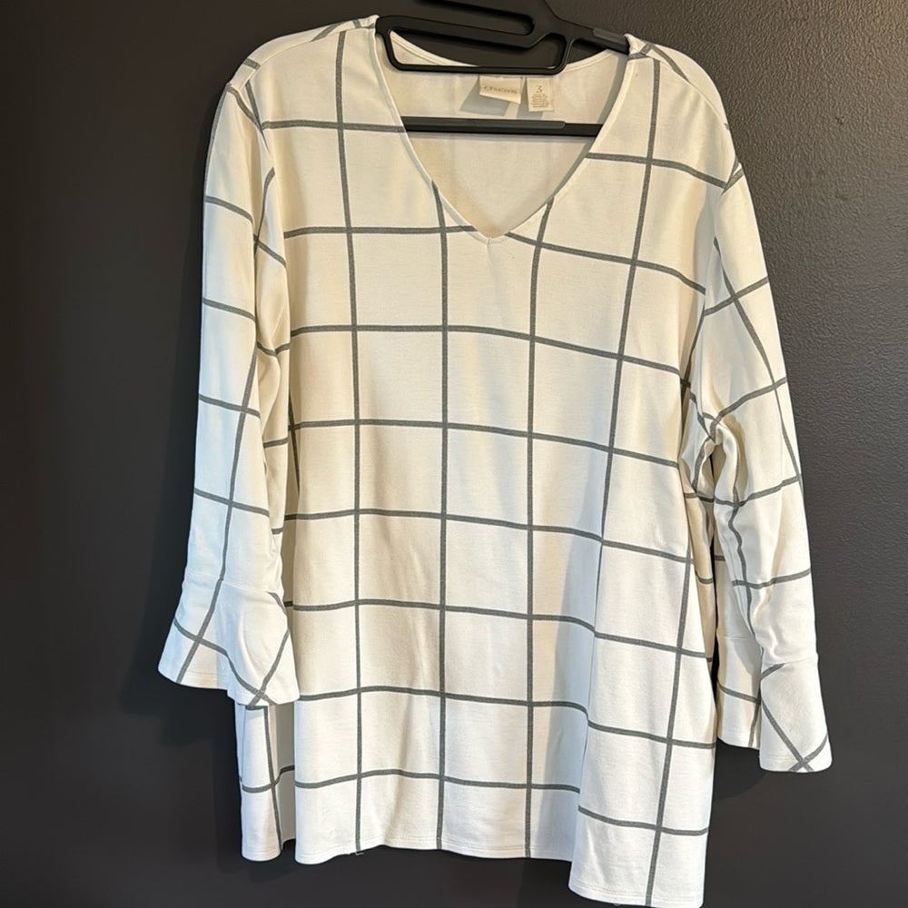 Bell!  Cute bell sleeve Chico’s windowpane top - Sz 3