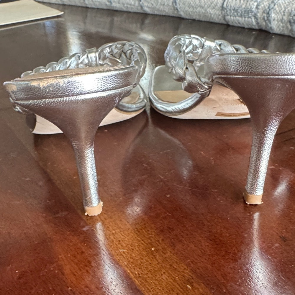 Veronica Beard Silver Braided Kitten Heeled Sandals