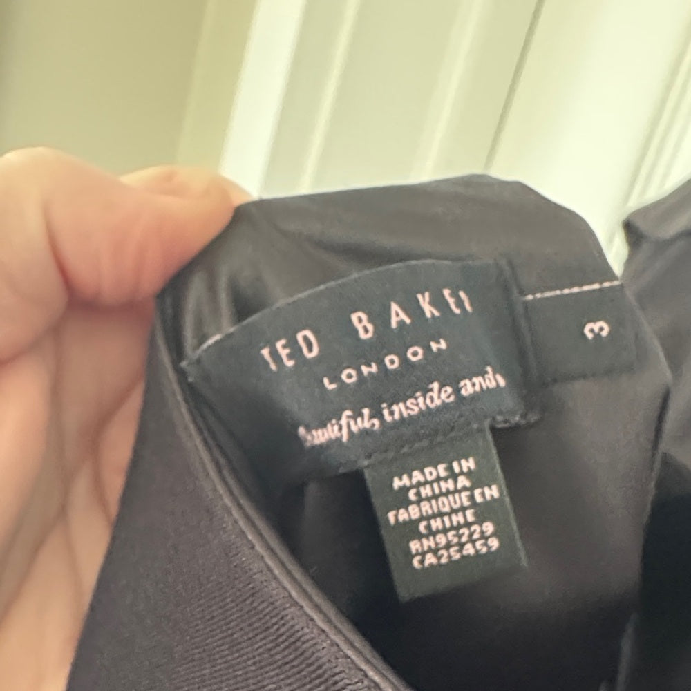 Elegant Black and Tan Ruffle Ted Baker Bodycon Dress - Sz 3