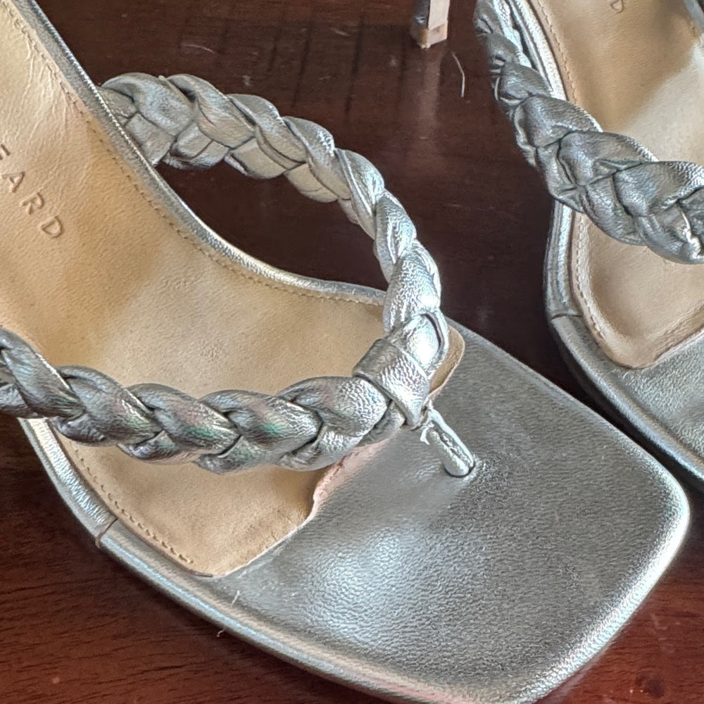 Veronica Beard Silver Braided Kitten Heeled Sandals