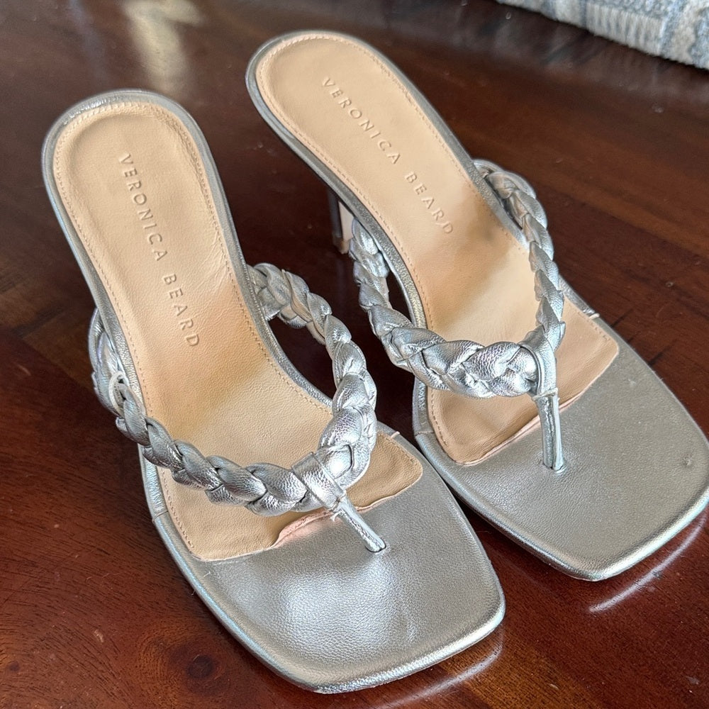 Veronica Beard Silver Braided Kitten Heeled Sandals